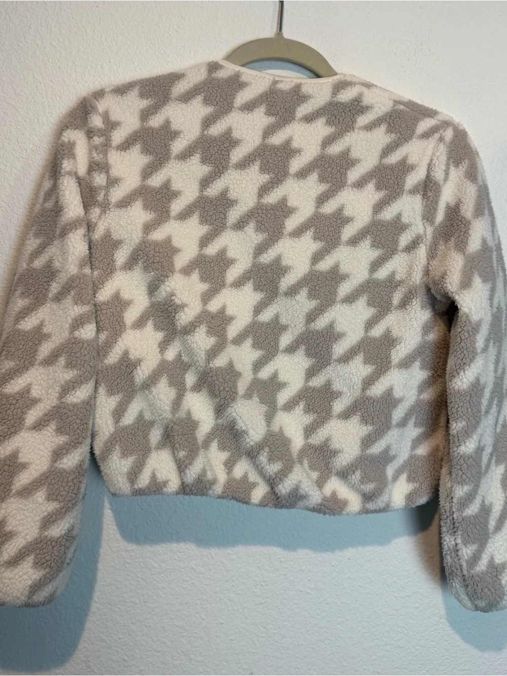 Abercrombie Kids Girls 9/10 Faux Fur Gold Zip Jacket Cream Houndstooth Coat